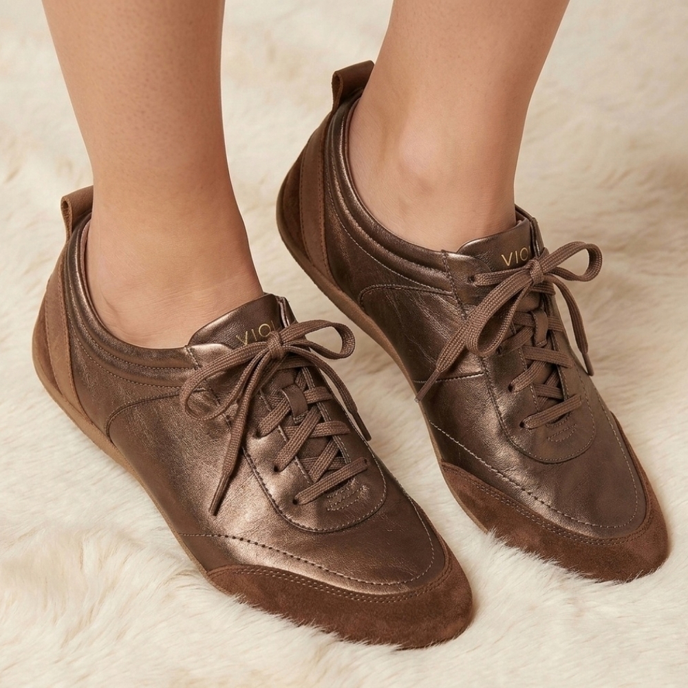 Vionic Willa Leather Sneakers Women 9 Bronze Metallic Suede Lace Up Comfort Shoe